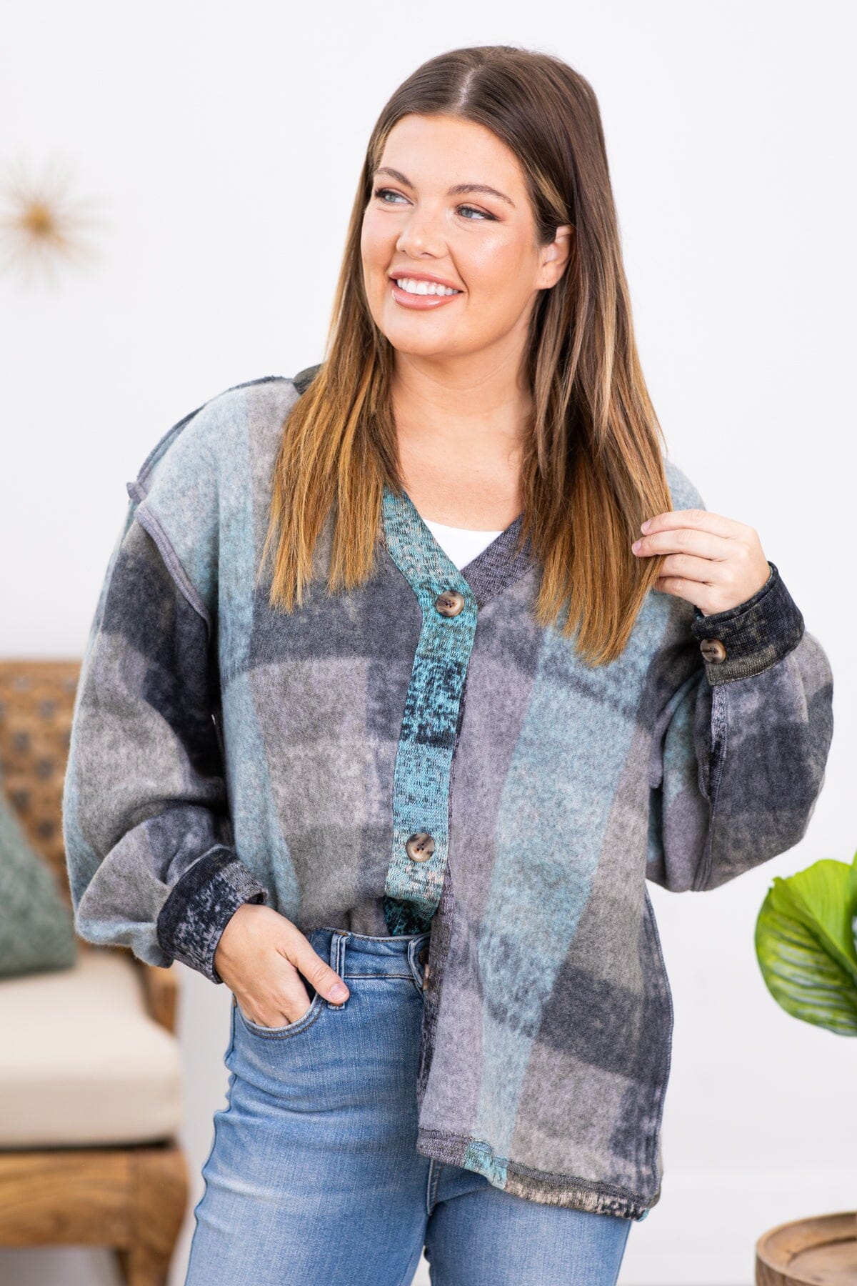 Grey Multicolor Abstract Plaid Cardigan - Filly Flair