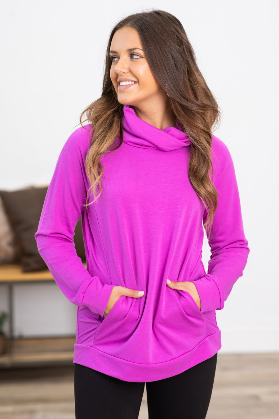 Orchid Cowl Neck Top With Pockets