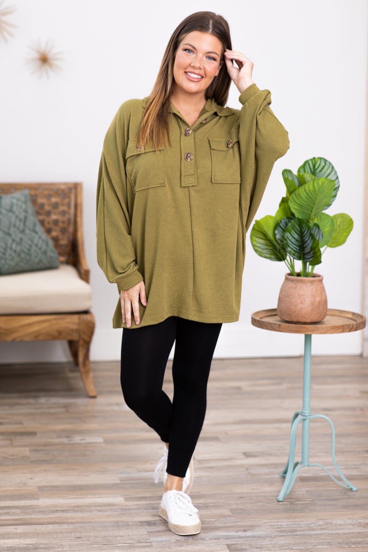 Olive Pullover With Pocket Detail - Filly Flair