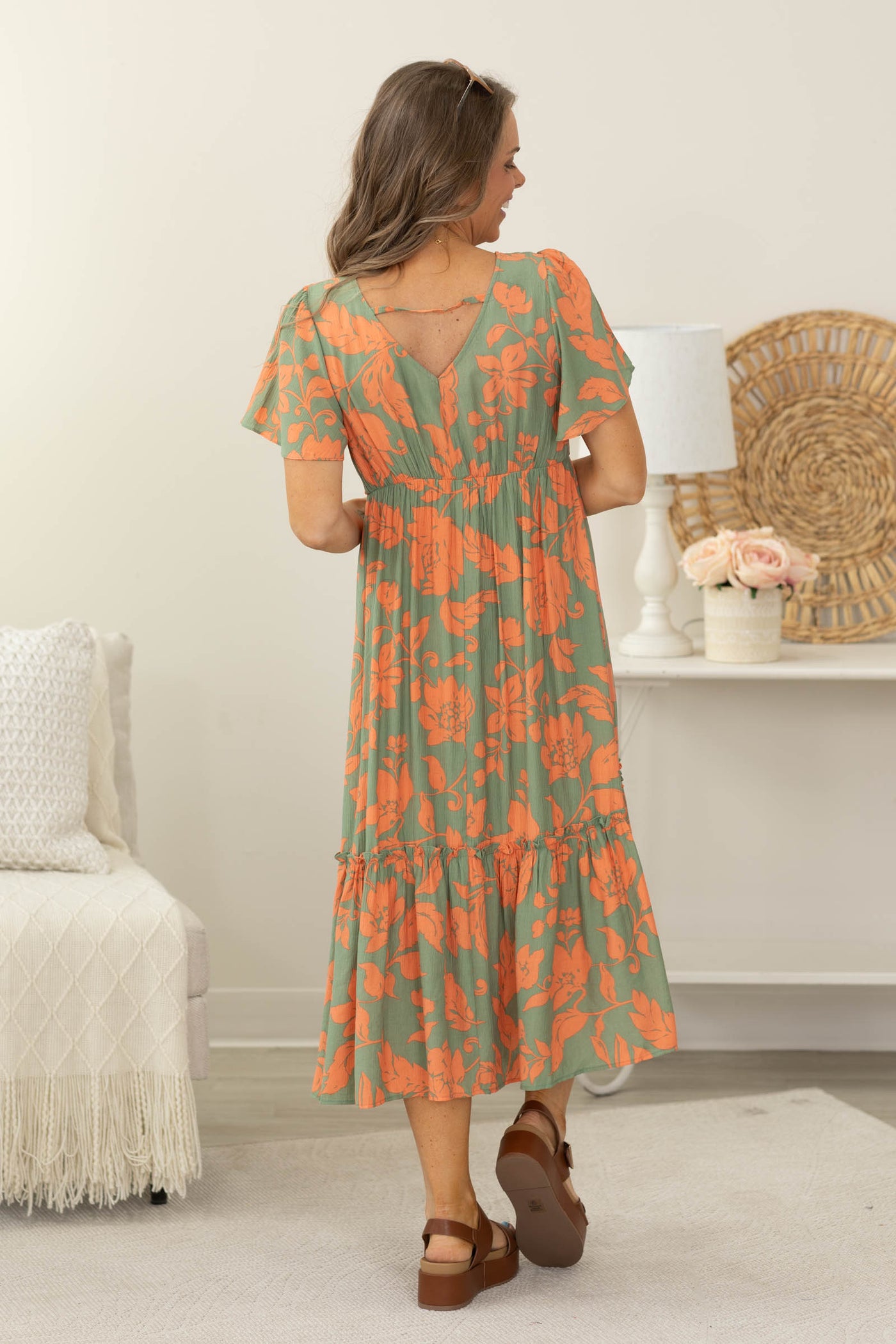 Sage And Orange Printed Woven Midi Dress