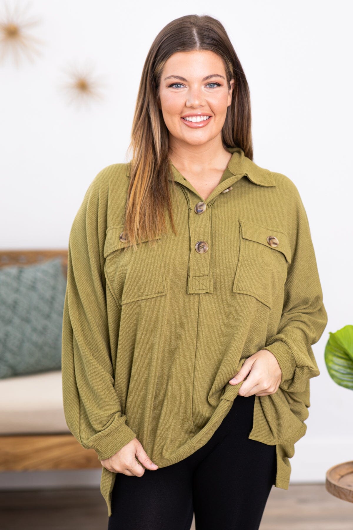 Olive Pullover With Pocket Detail - Filly Flair