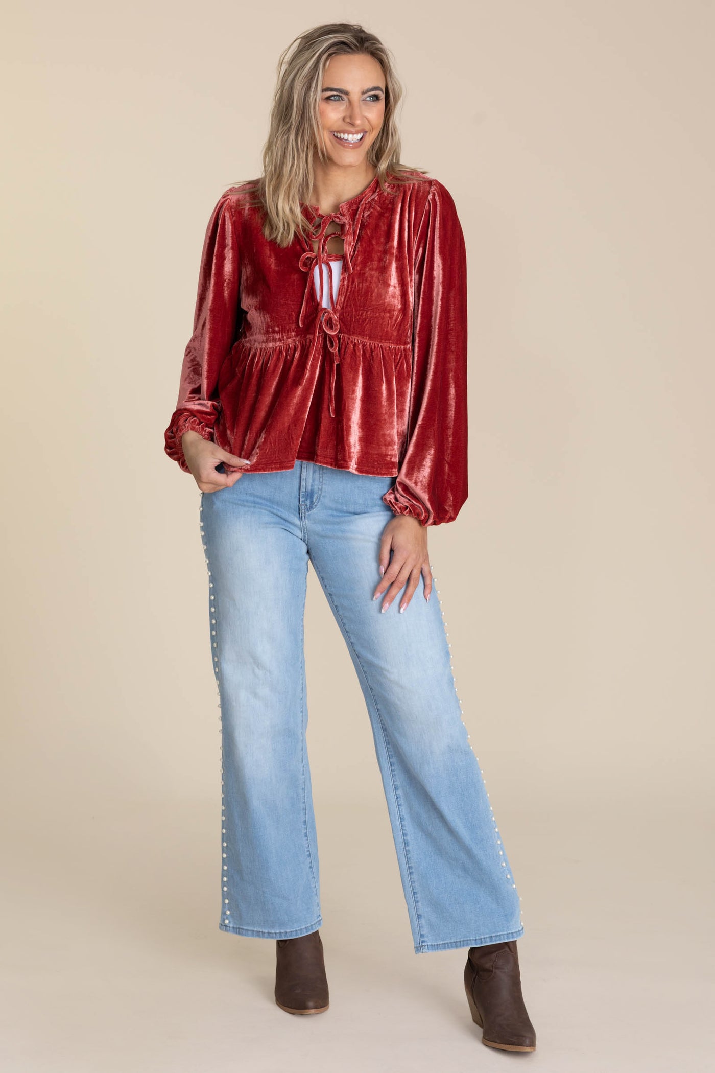 Mica Wide Leg Pearl Embellishment Jeans