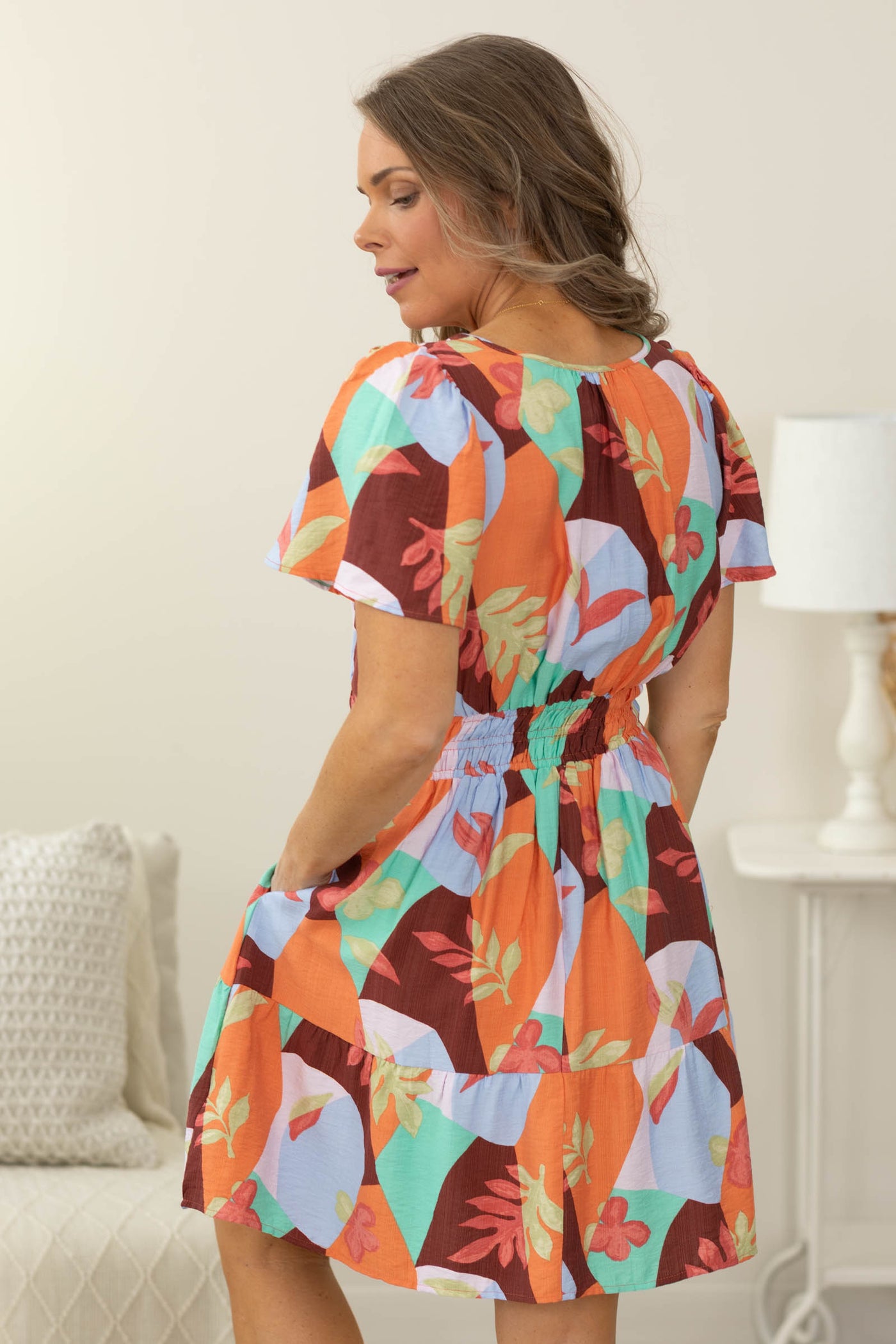 Mint And Maroon Blossom Elastic Waist Dress