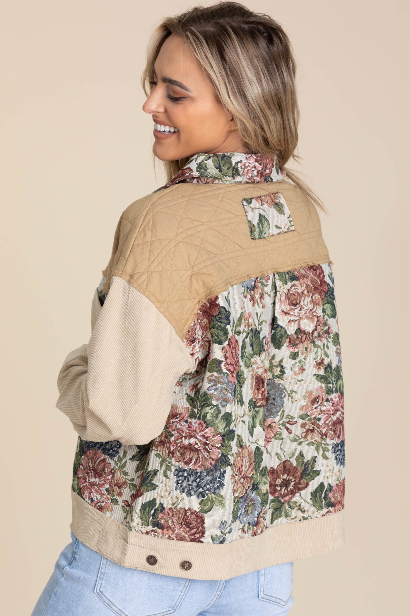 Taupe Colorblock Patchwork Floral Jacket