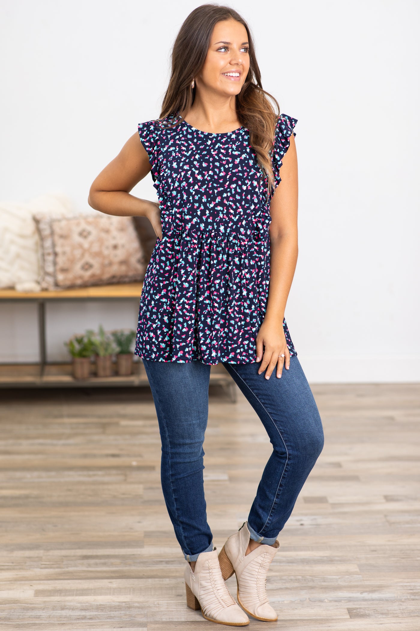 Navy and Neon Pink Abstract Print Babydoll Top