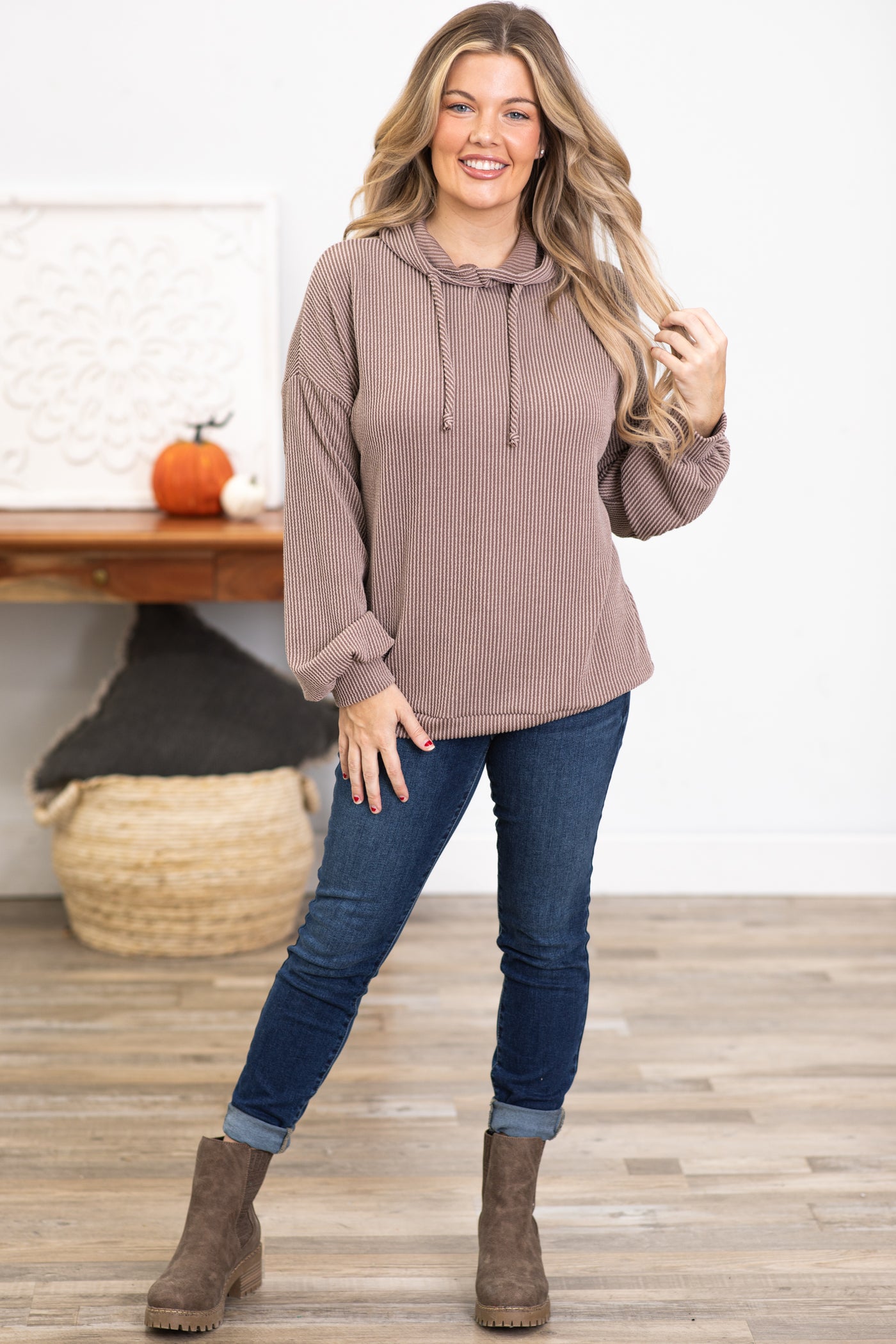 Mocha Ribbed Knit Top With Hood