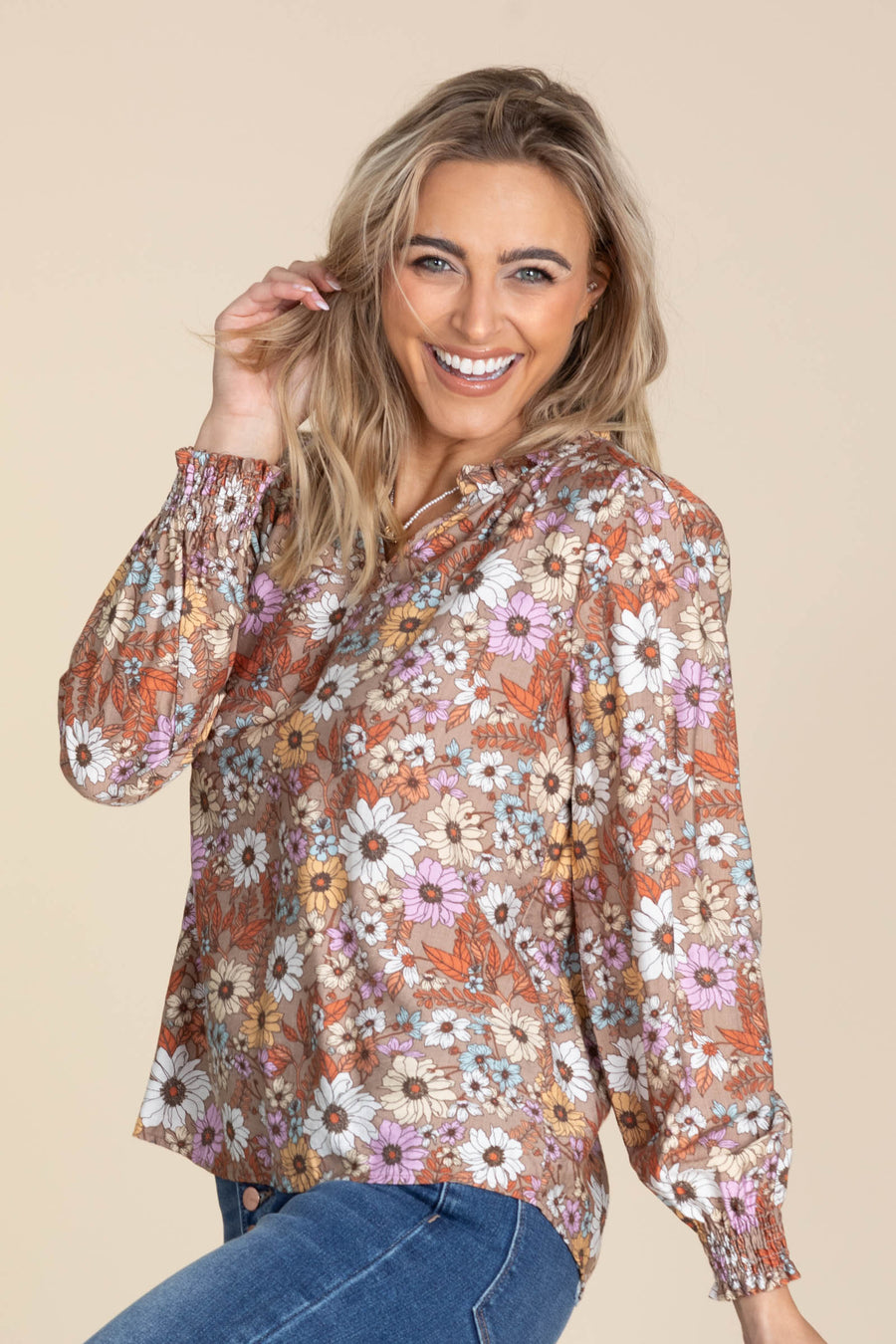 Mocha Floral Print Blouse With Ruffled Neck