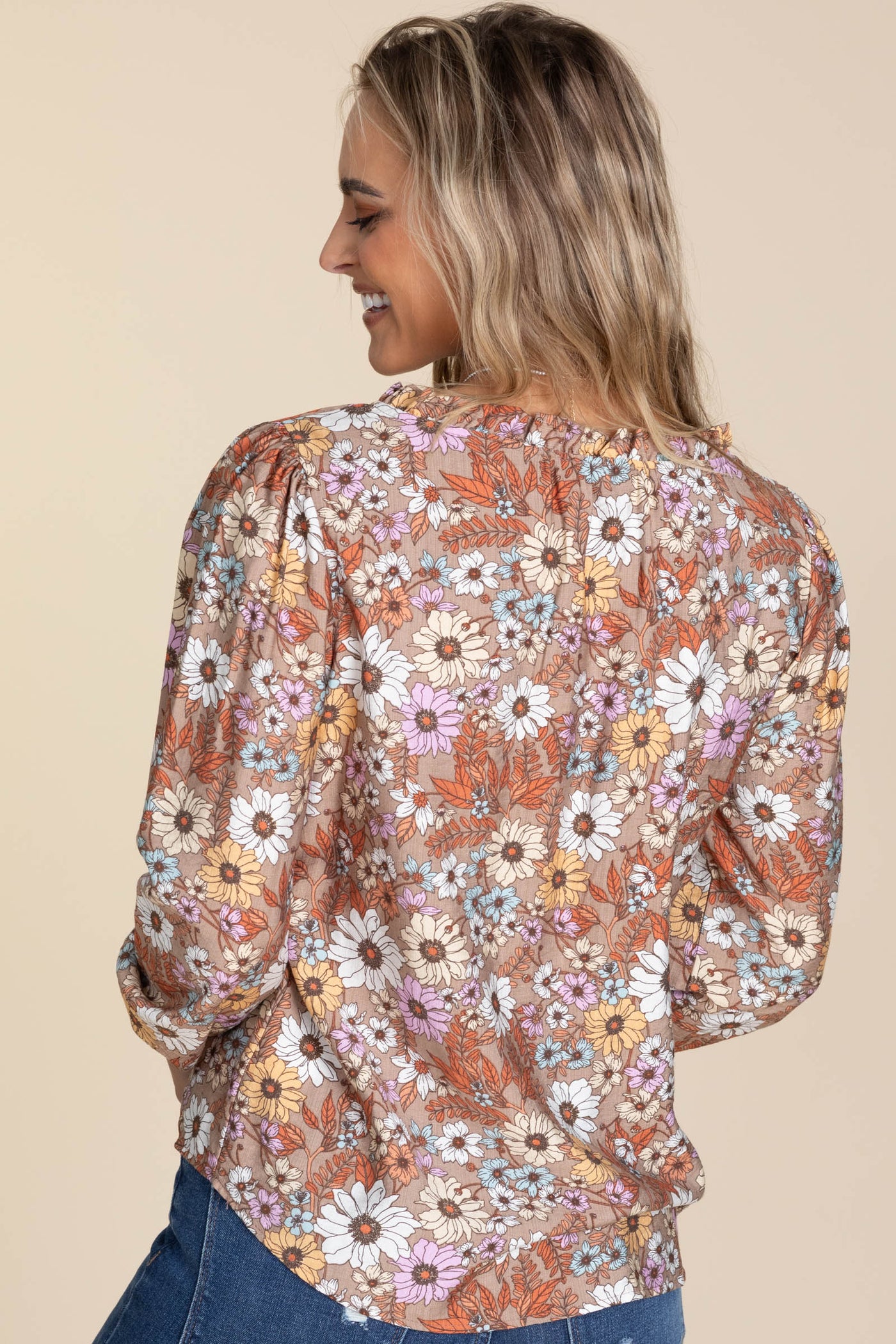 Mocha Floral Print Blouse With Ruffled Neck