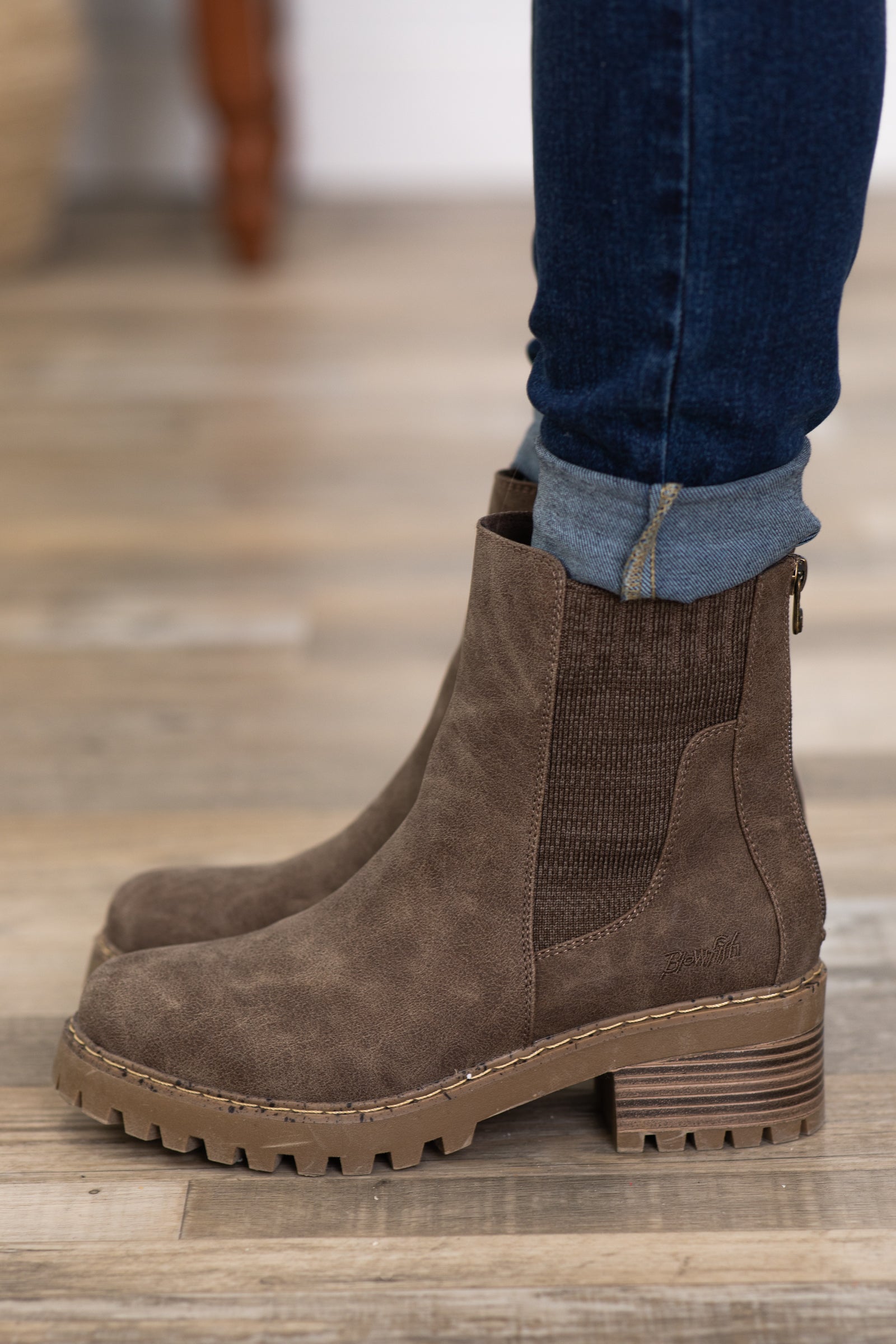 Brown Lug Sole Boots With Knit Ankle Detail