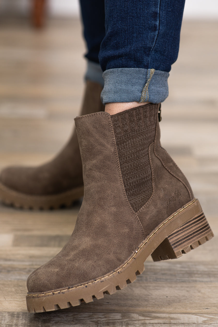 Brown Lug Sole Boots With Knit Ankle Detail