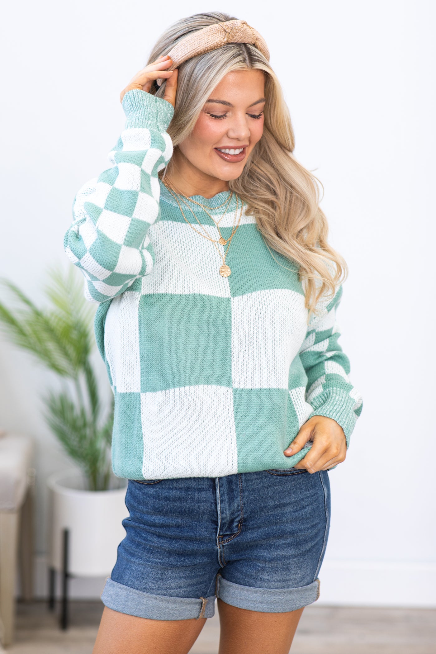 Mint Green and White Checkerboard Sweater