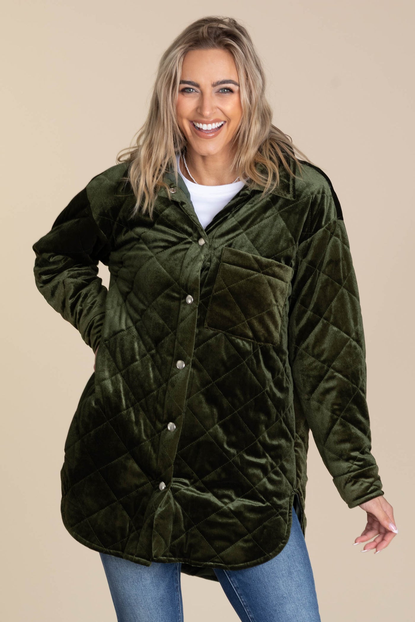 Olive Button Up Quilted Jacket With Curved Hem