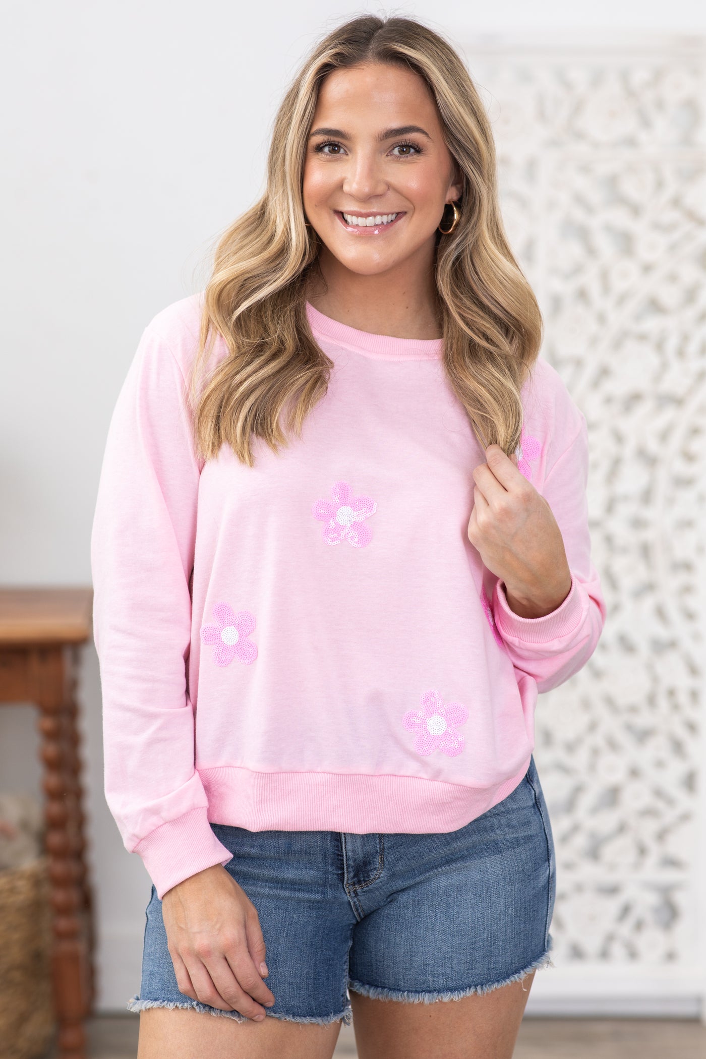 Baby Pink Sequin Flower Patch Knit Top