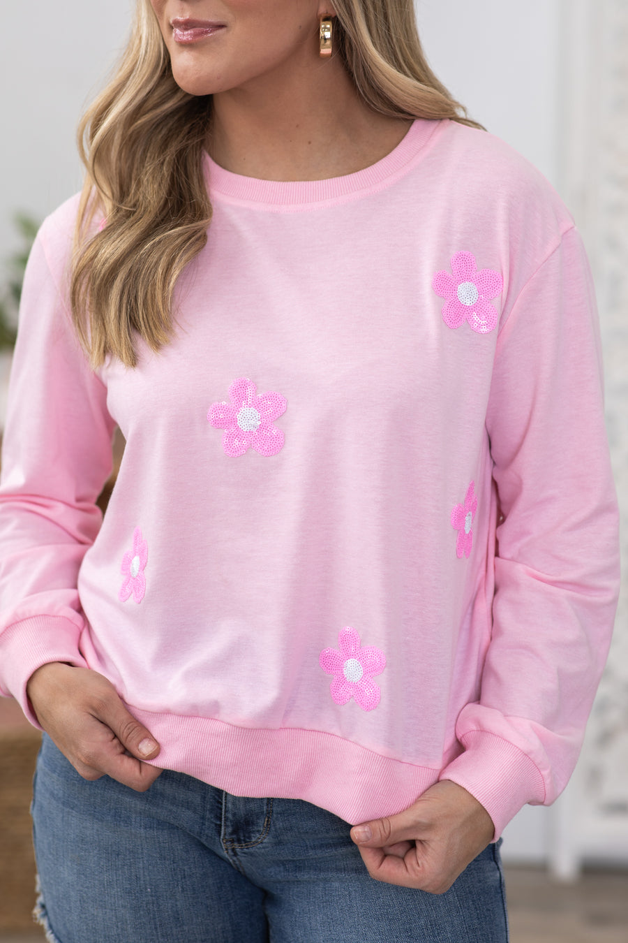 Baby Pink Sequin Flower Patch Knit Top