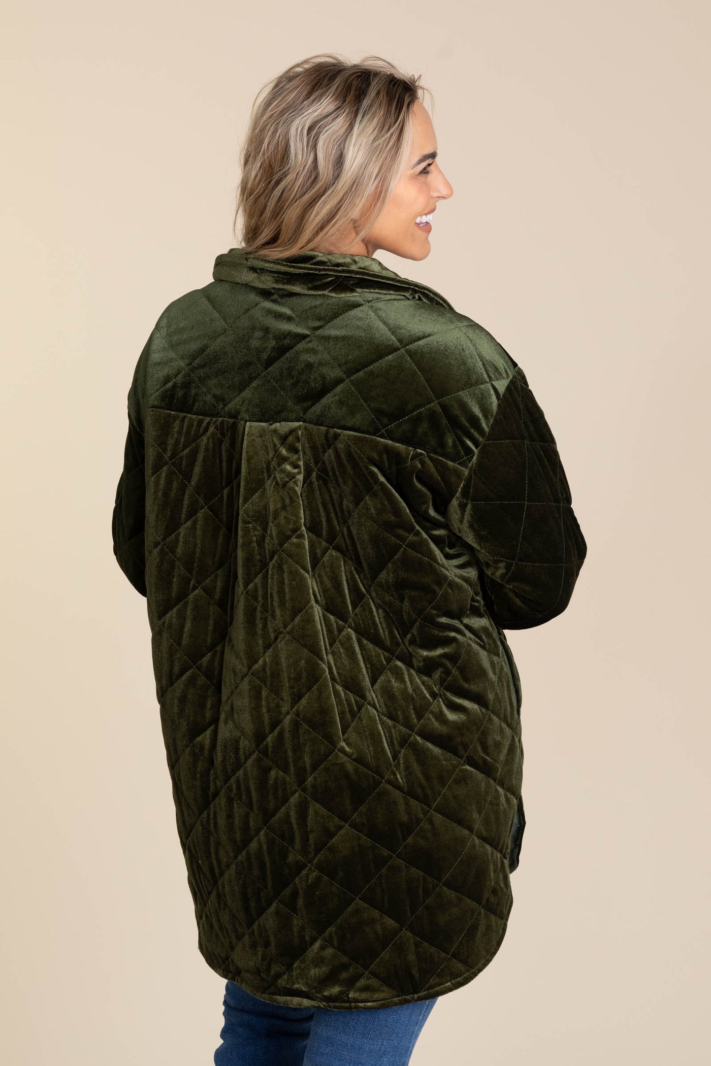 Olive Button Up Quilted Jacket With Curved Hem