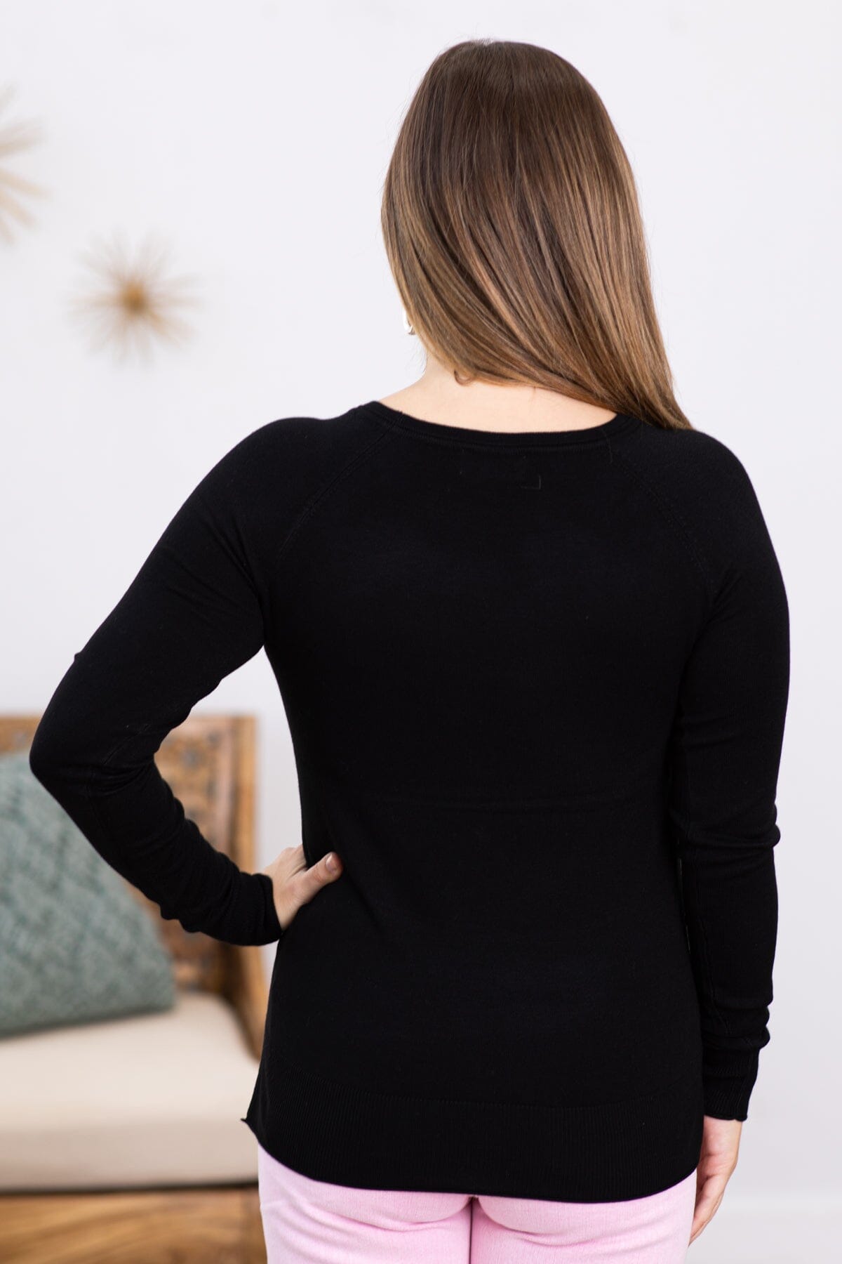 Black Lightweight Sweater With Side Slit - Filly Flair