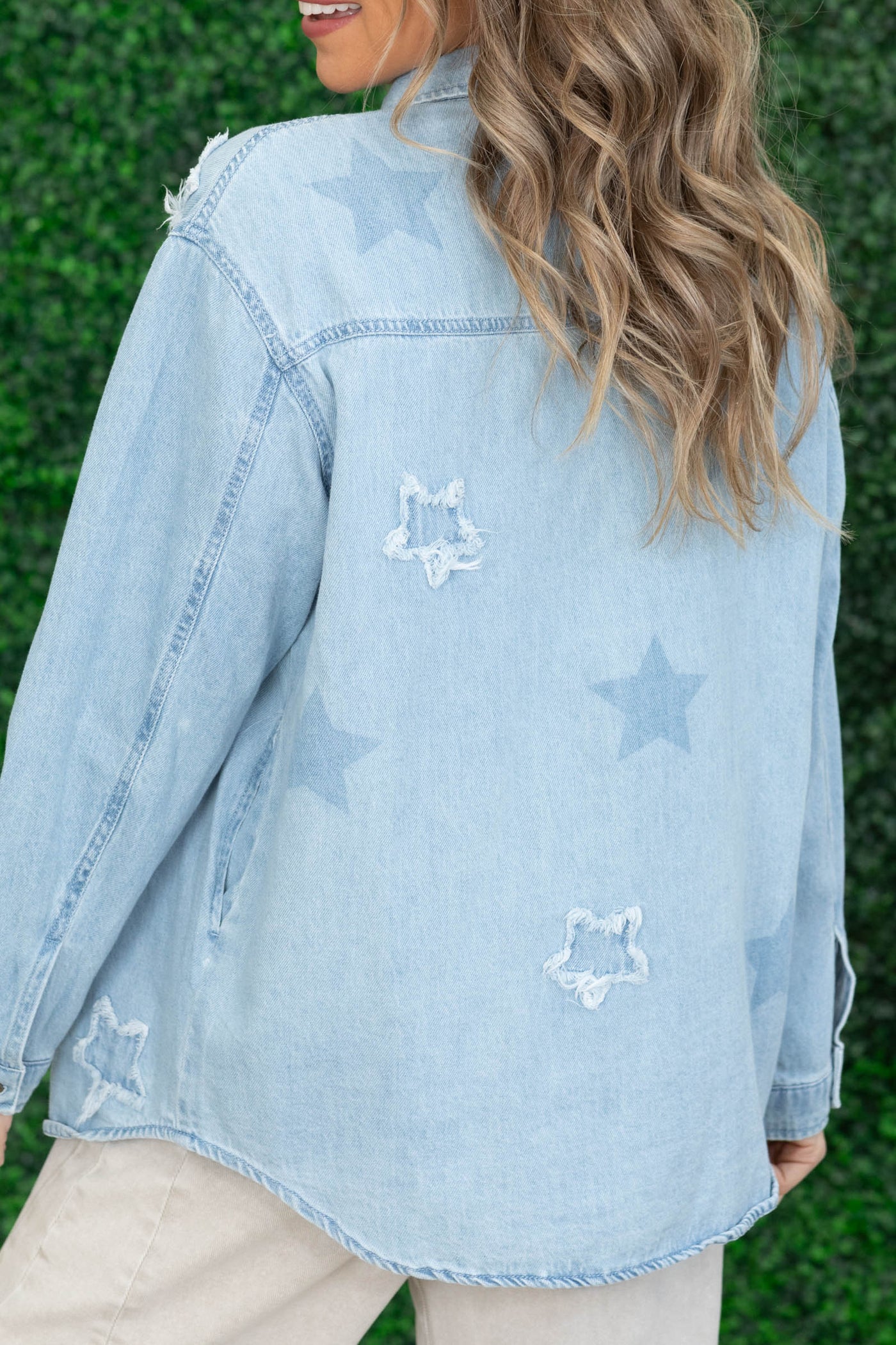 Risen Light Wash Star Patched Denim Shirt