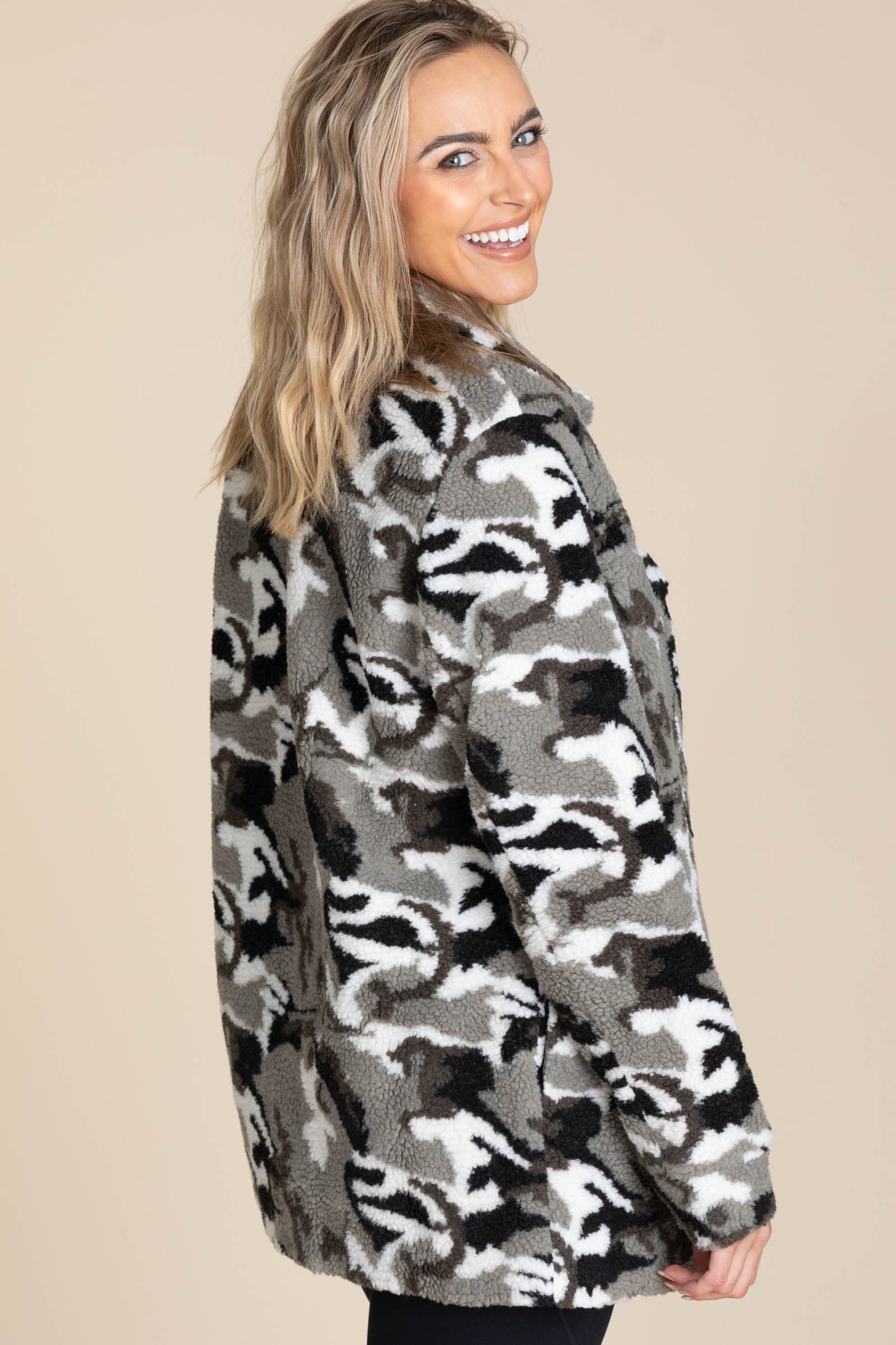 Camo Sherpa Snap Button Jacket