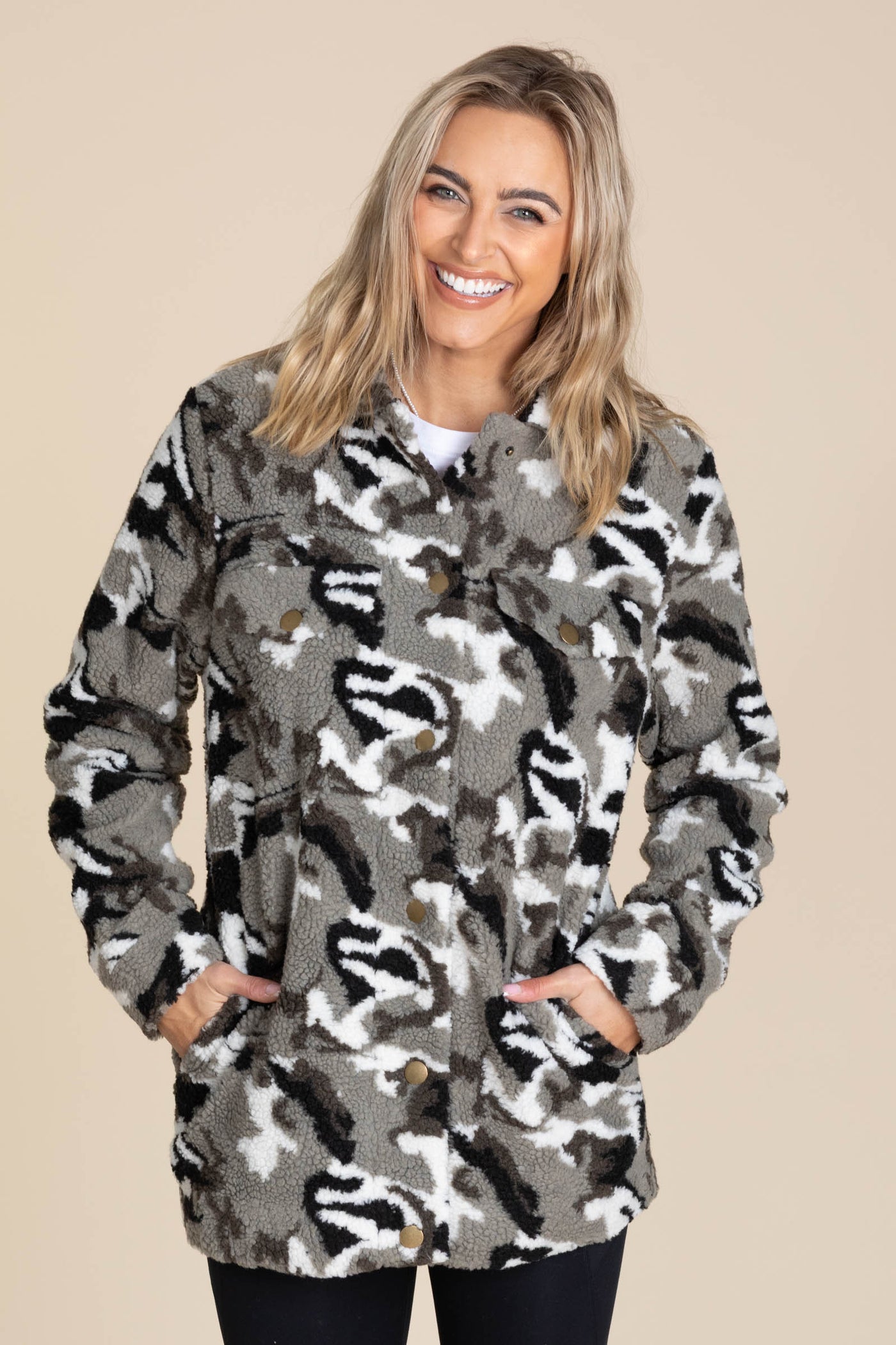 Camo Sherpa Snap Button Jacket