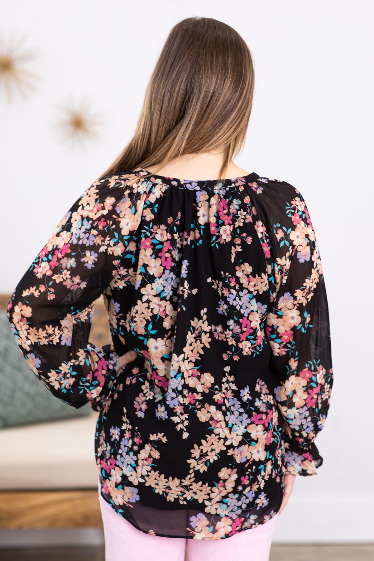 Black Multicolor Floral Print Long Sleeve Top - Filly Flair