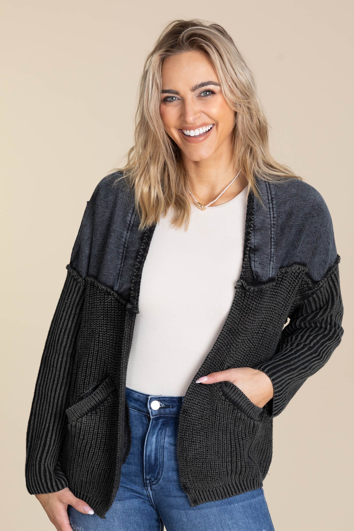 Washed French Terry Cable Knit Cardigans