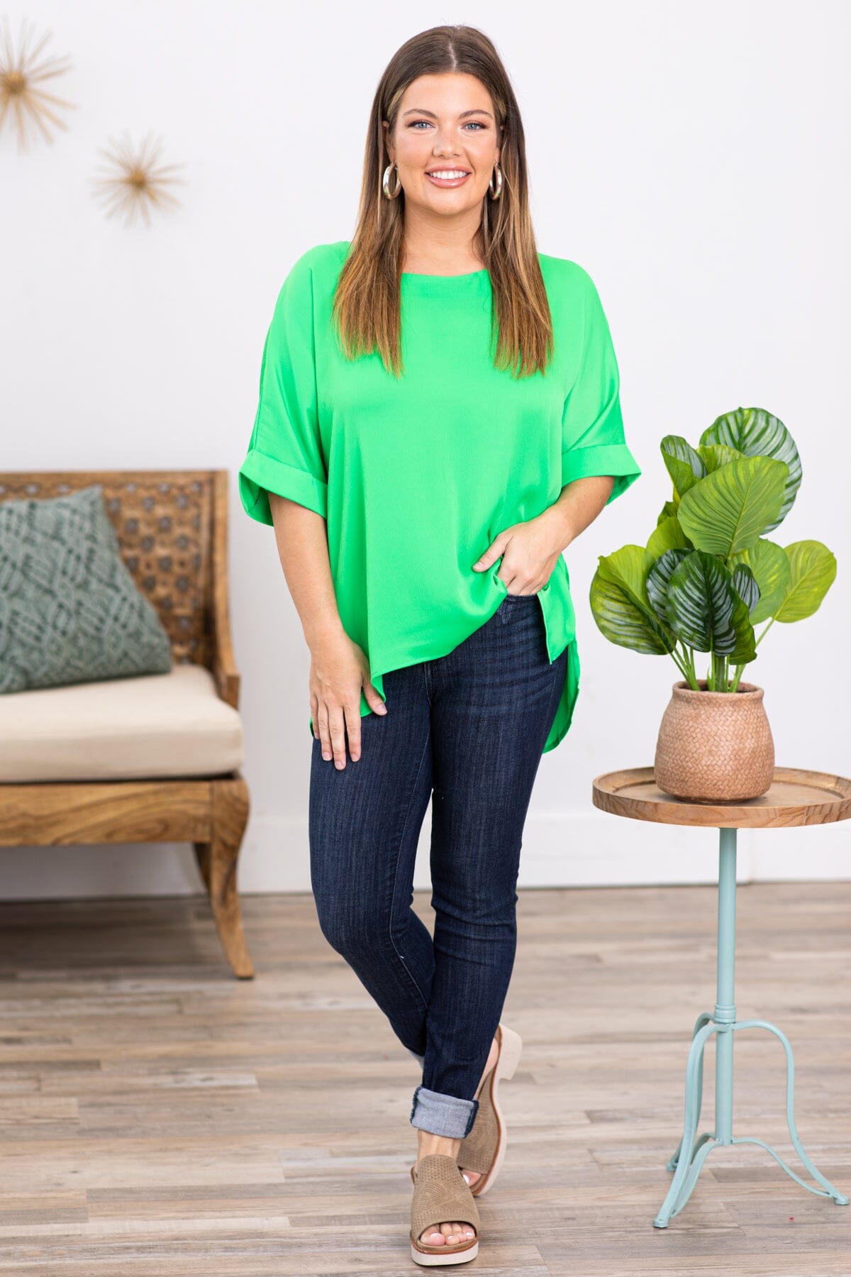 Bright Green Round Neck Roll Sleeve Top - Filly Flair