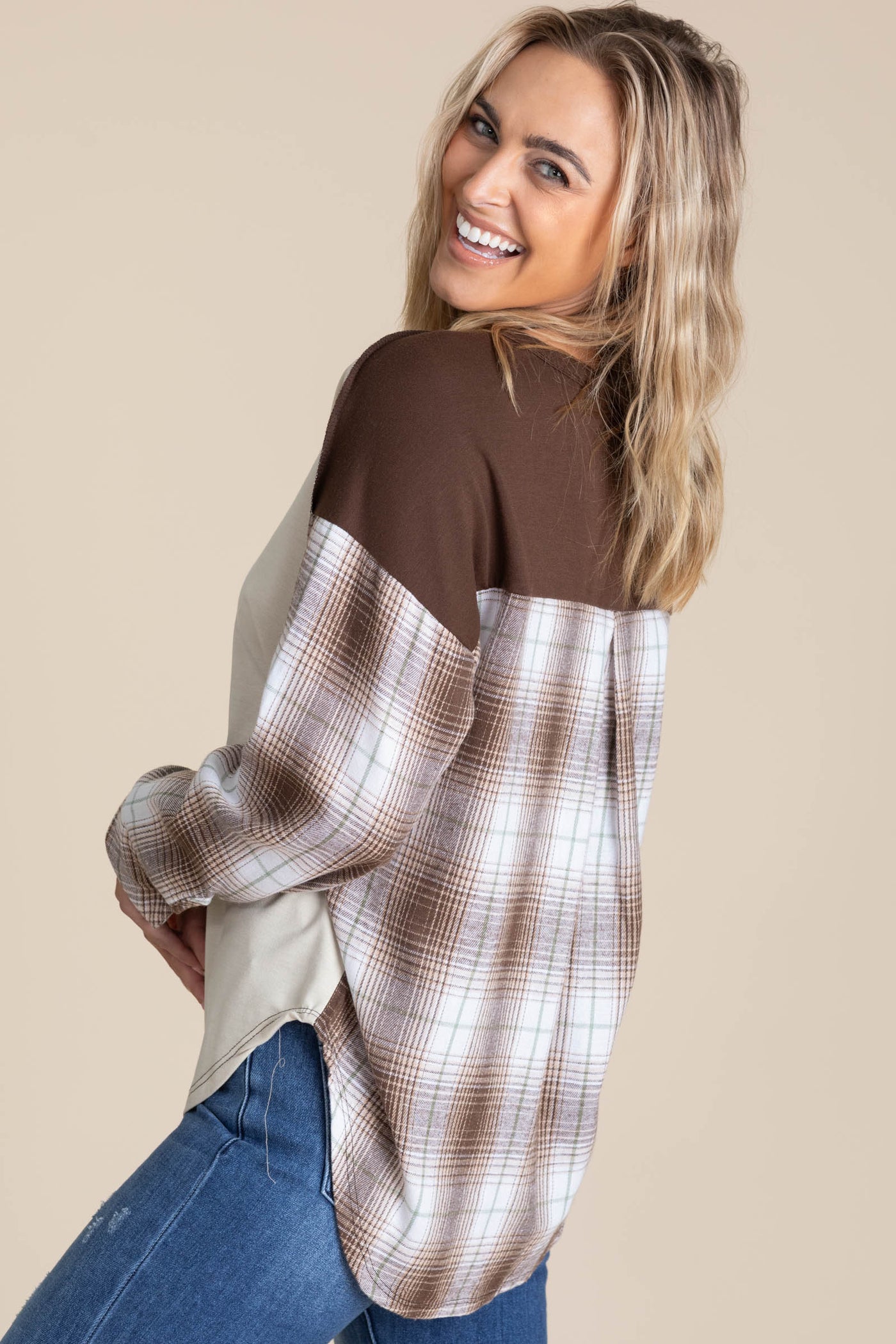 Beige And Brown Plaid Contrast Knit Top