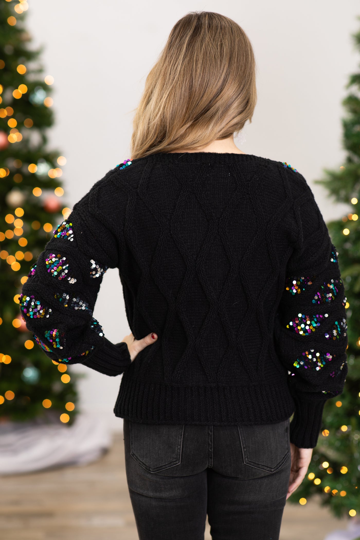 Black Sequin Cable Knit Sweater