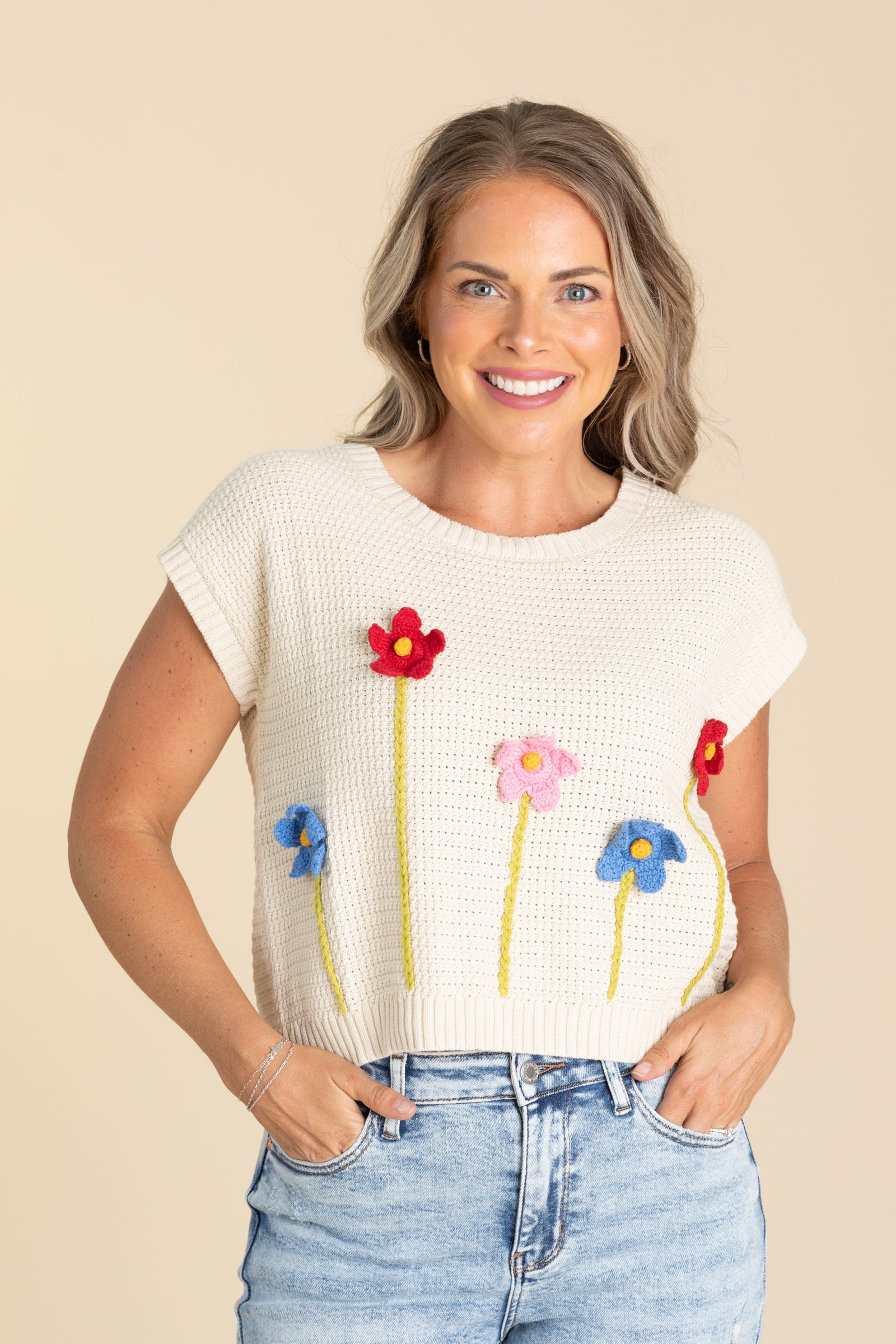 Natural Crochet 3D Floral Sweater Knit Top · Filly Flair