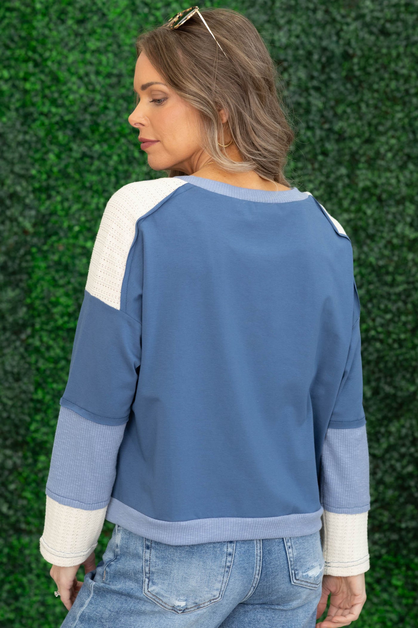 Dusty Blue Contrast Patchwork Star Knit Top