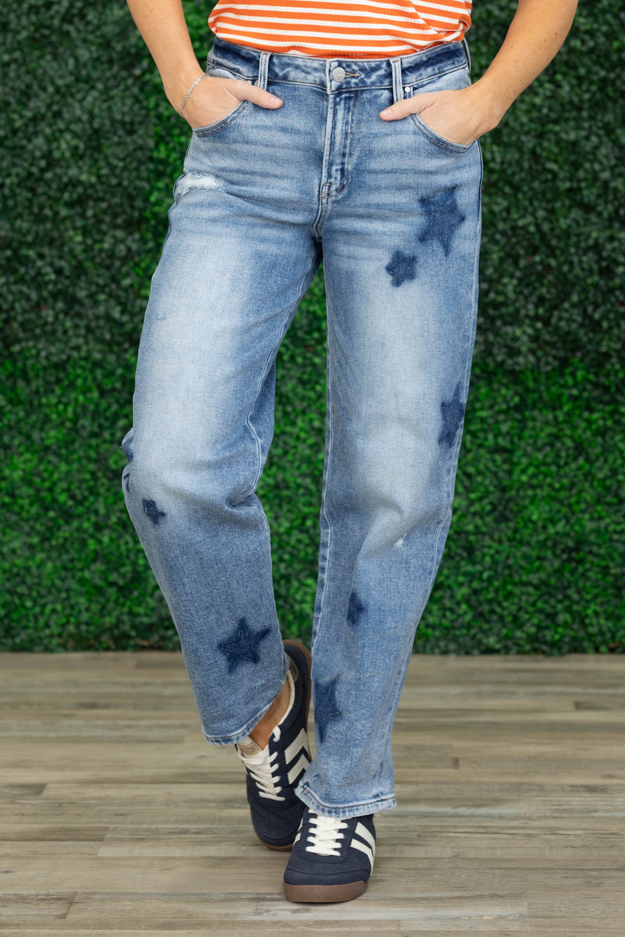 Risen Mid Rise Boyfriend Star Shadow Cuffed Jeans