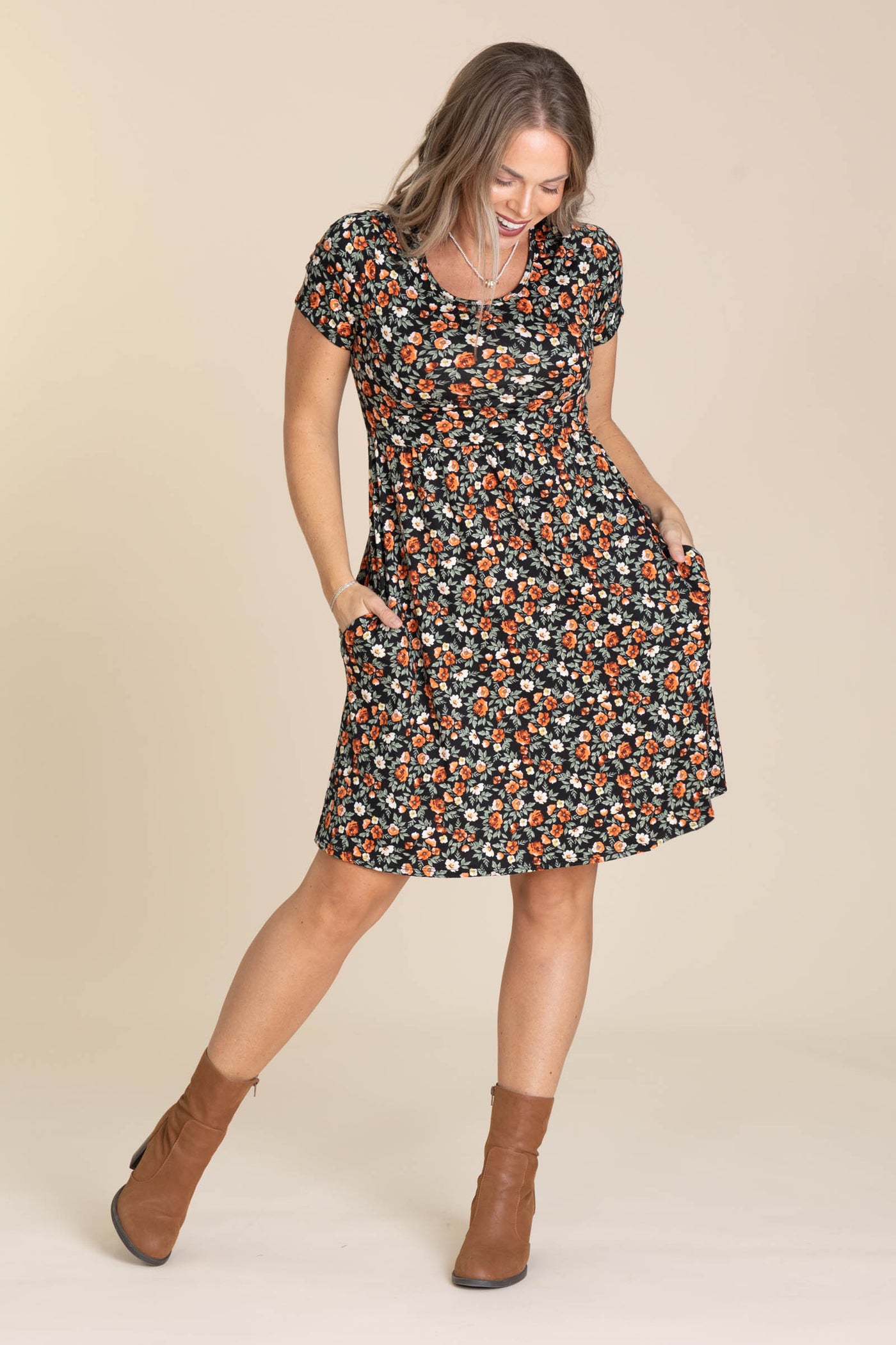 Brushed Soft Fabric Pocket Floral Dresses