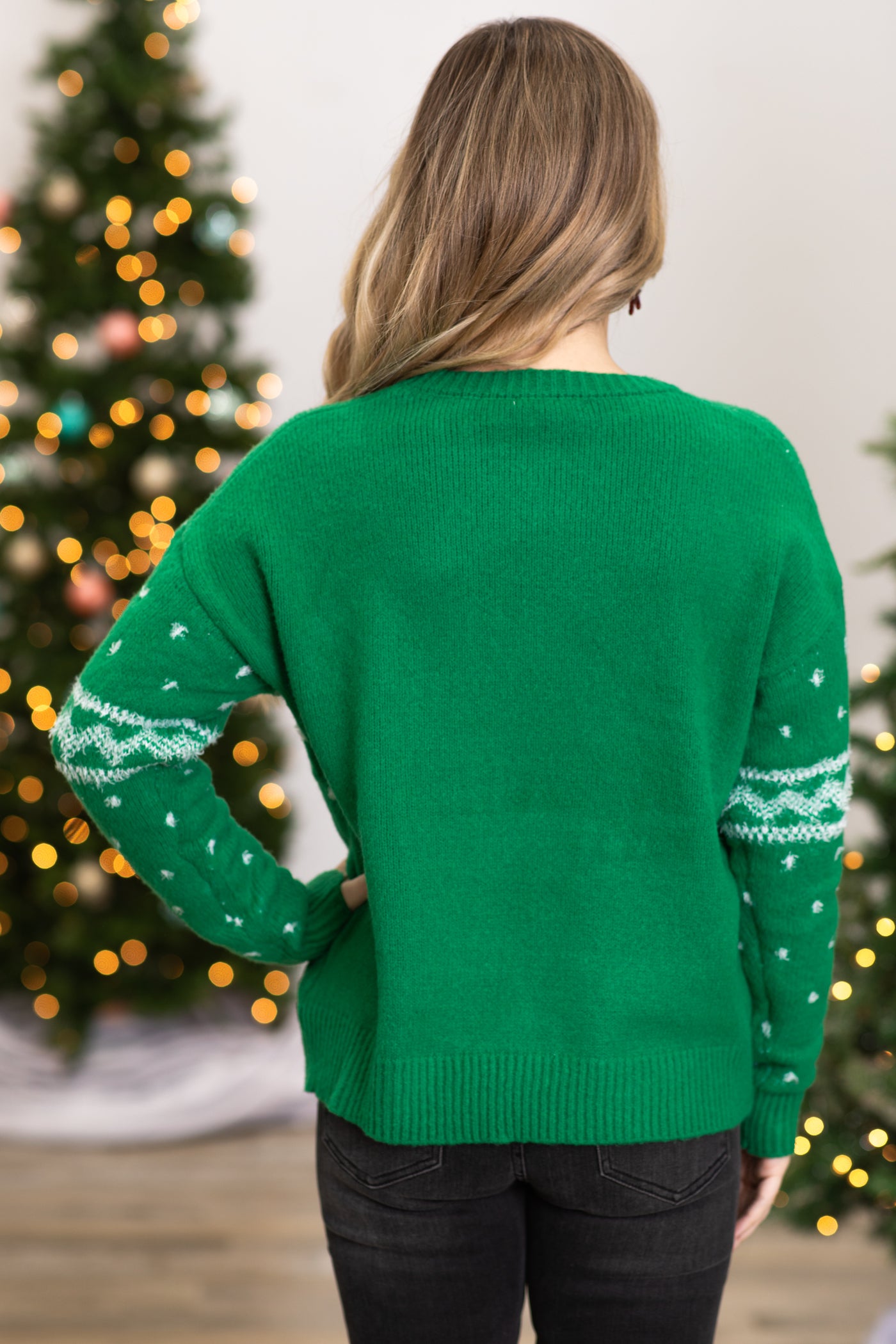 Green and White Reindeer Intarsia Sweater