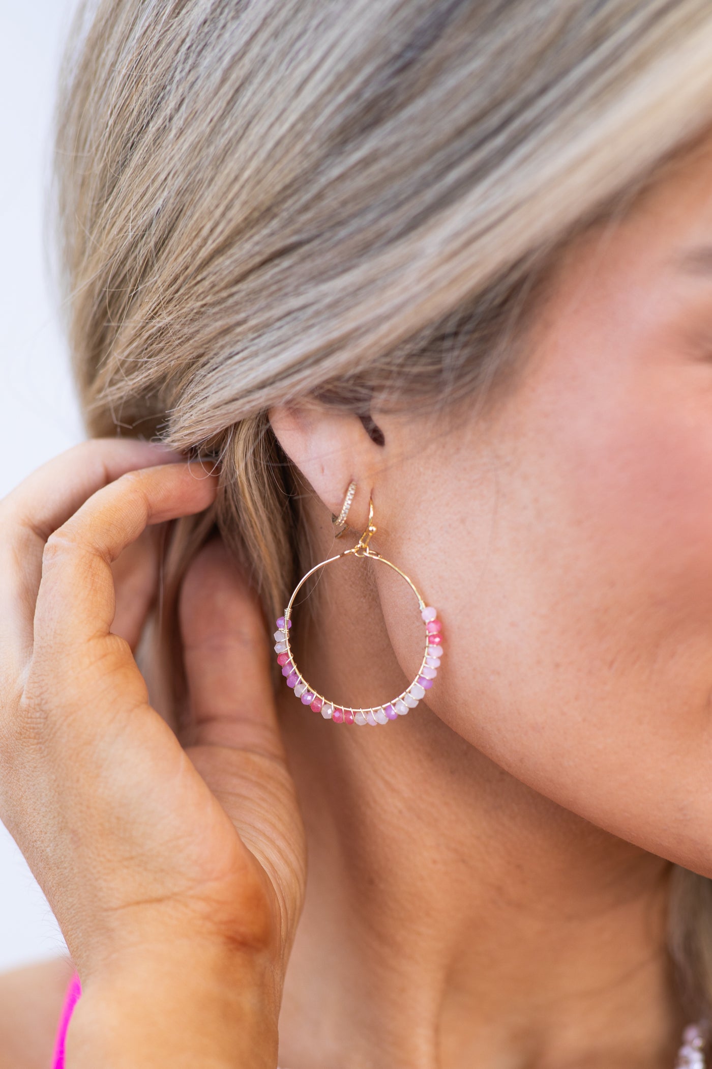 Pink and White Beaded Hoop Earrings