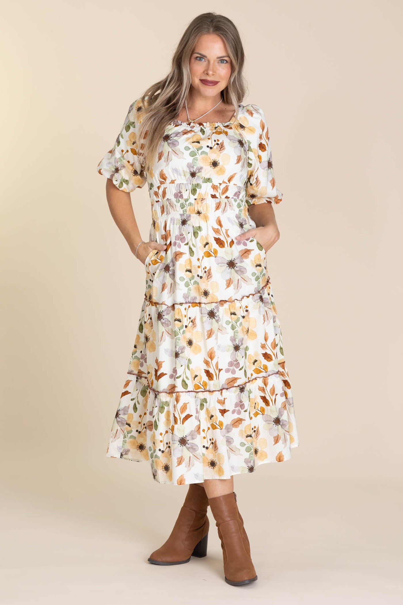 slim fit dress slacks Ivory Fall Floral Smocked Dress