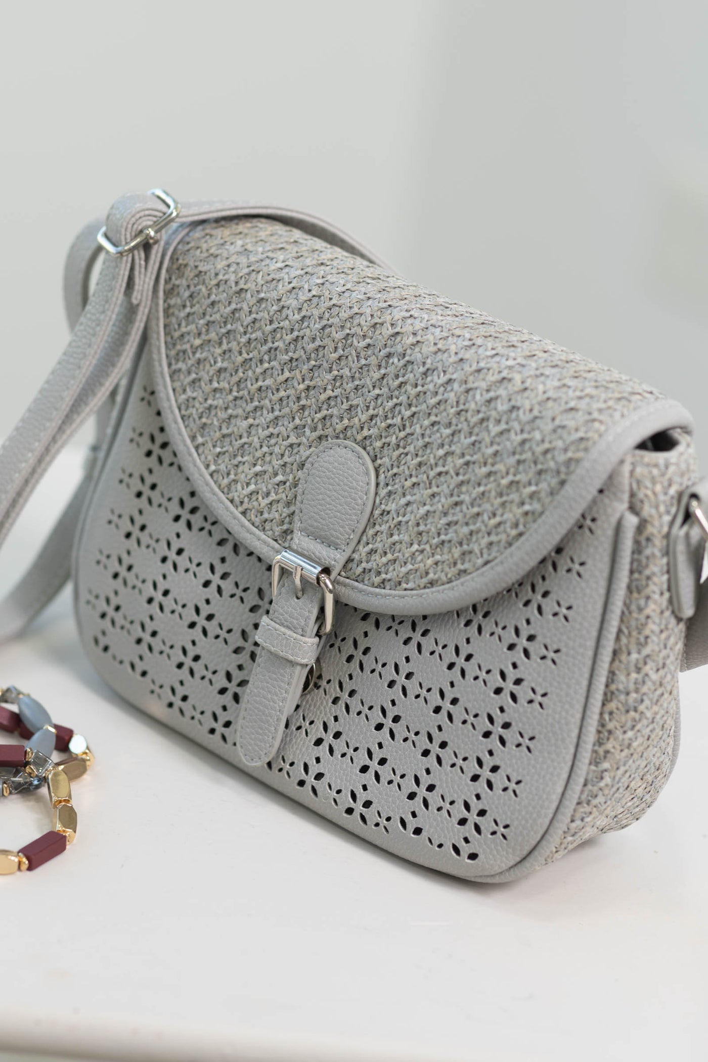 Grey Laser Cut Woven Crossbody Bag