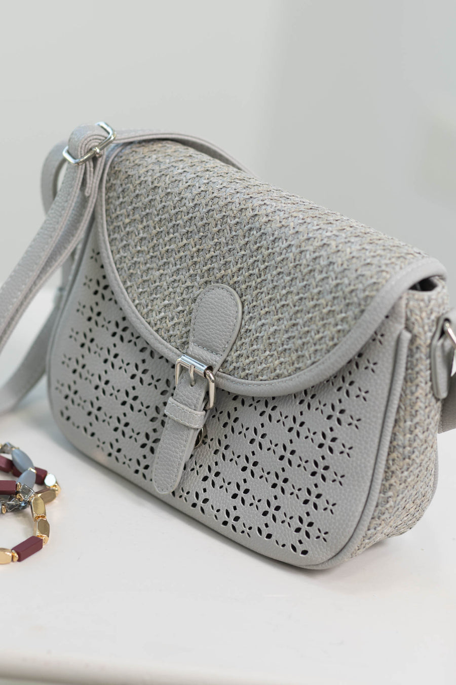 Grey Laser Cut Woven Crossbody Bag