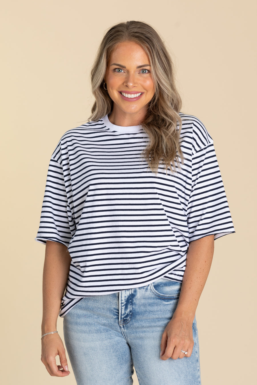White And Navy Cotton Striped Oversized Tee