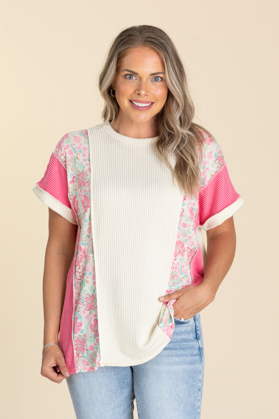 Beige Colorblock Floral Ribbed Knit Top