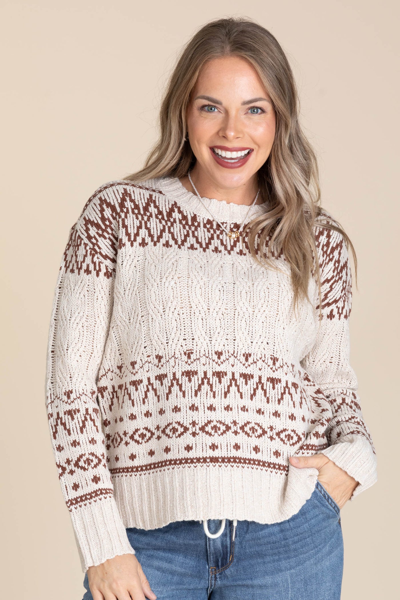 Brown Ultra Cozy Printed Cable Knit Sweater