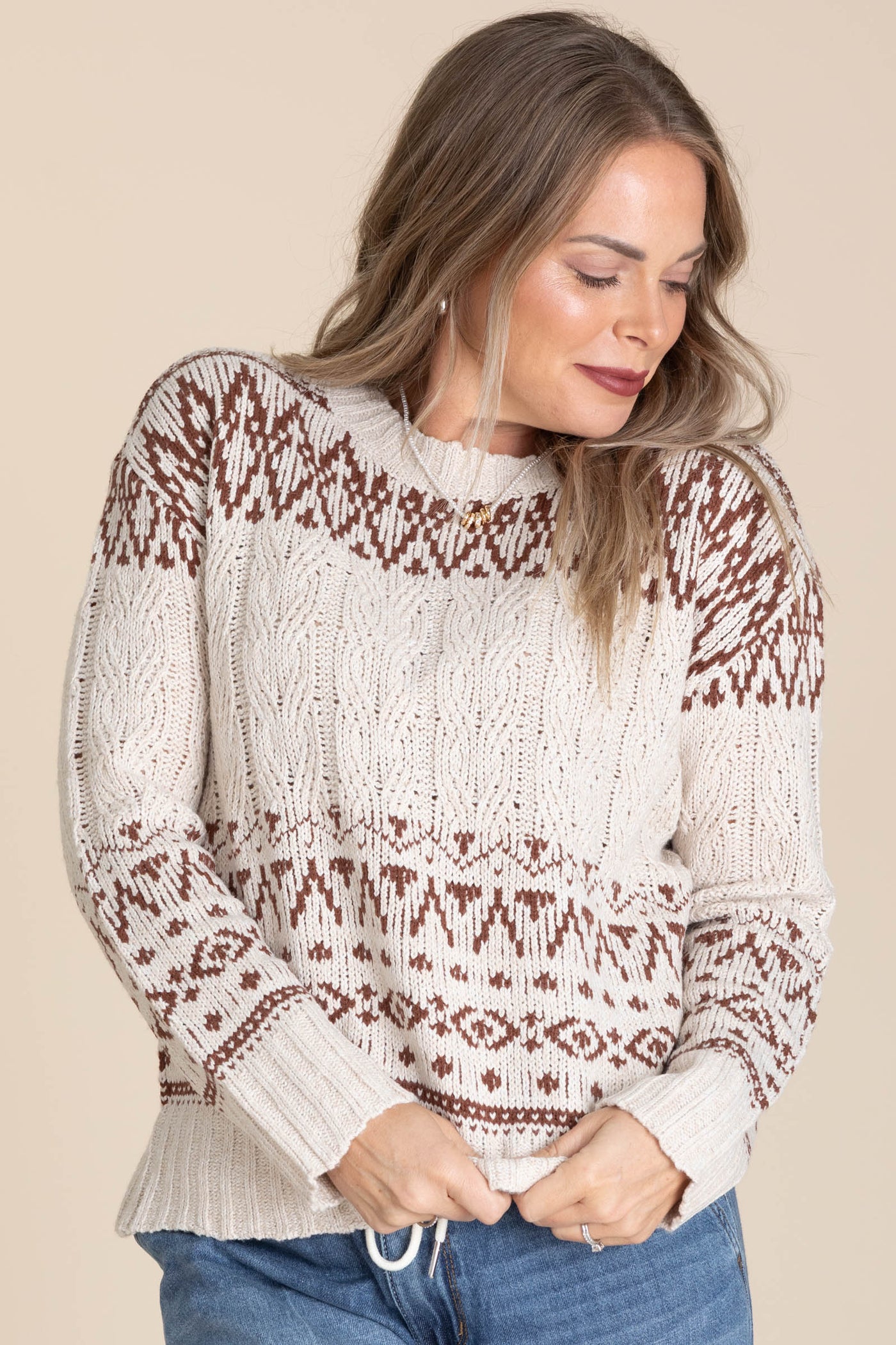 Brown Ultra Cozy Printed Cable Knit Sweater