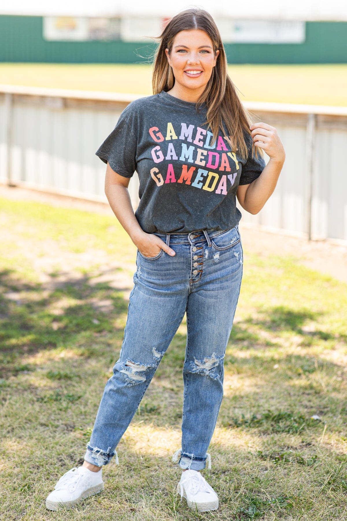 Graphite Multicolor Washed Gameday Graphic Tee - Filly Flair