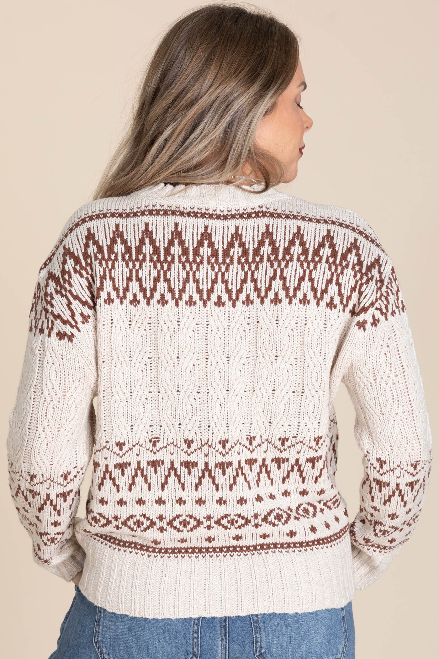 Brown Ultra Cozy Printed Cable Knit Sweater