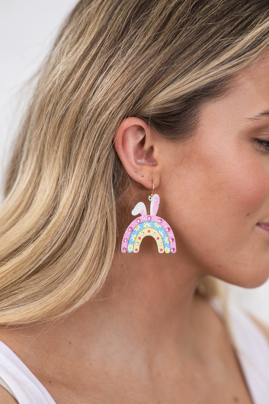 Pink Glitter Leather Easter Rainbow Earrings