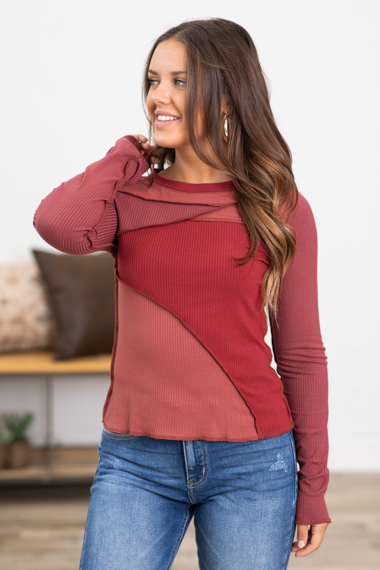 Burgundy Colorblock Top With Reverse Seam