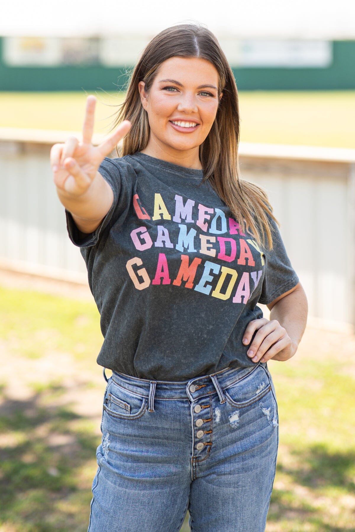 Graphite Multicolor Washed Gameday Graphic Tee - Filly Flair