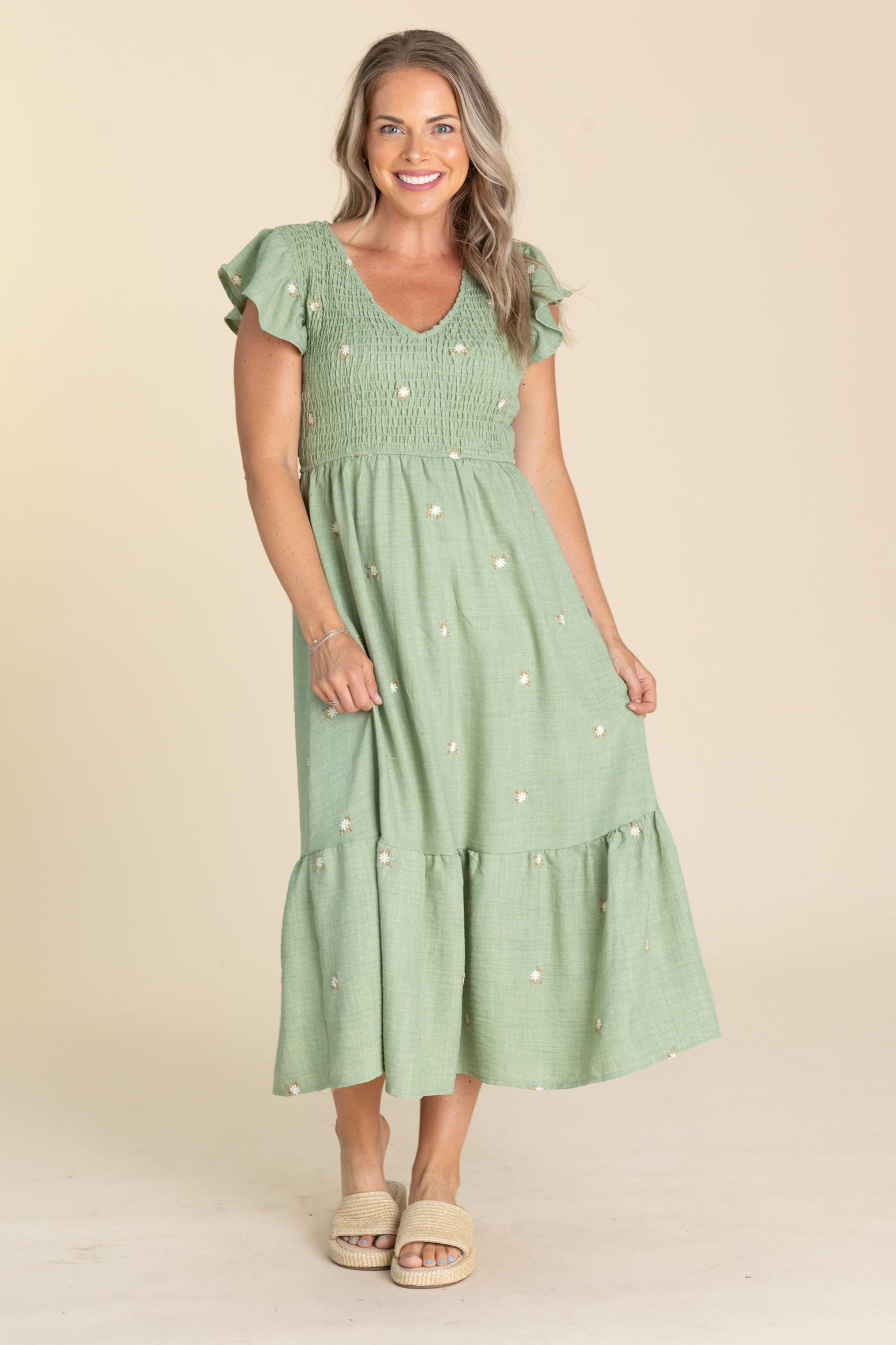 Sage Embroidered Flower Smocked Midi Dress Filly Flair Sage Embroidered Flower Smocked Midi Dress Filly Flair