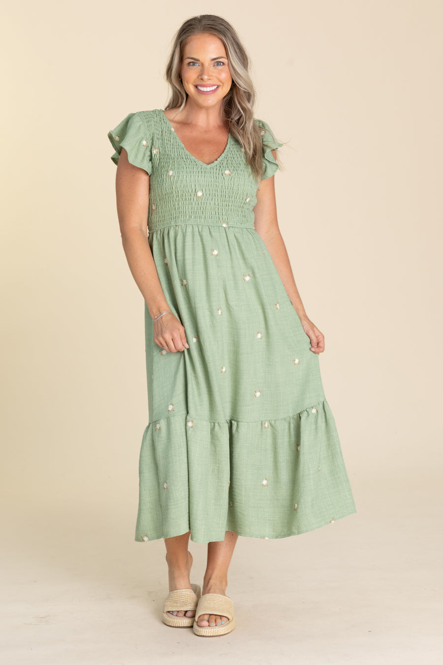 Sage Embroidered Flower Smocked Midi Dress