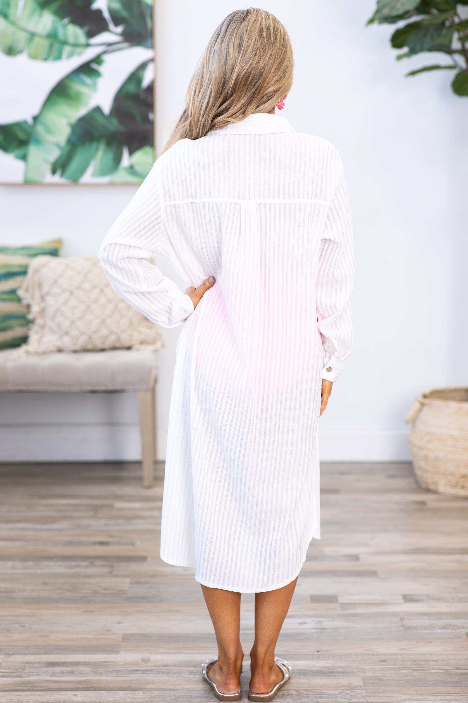 White Striped Button Up Long Sleeve Cover Up