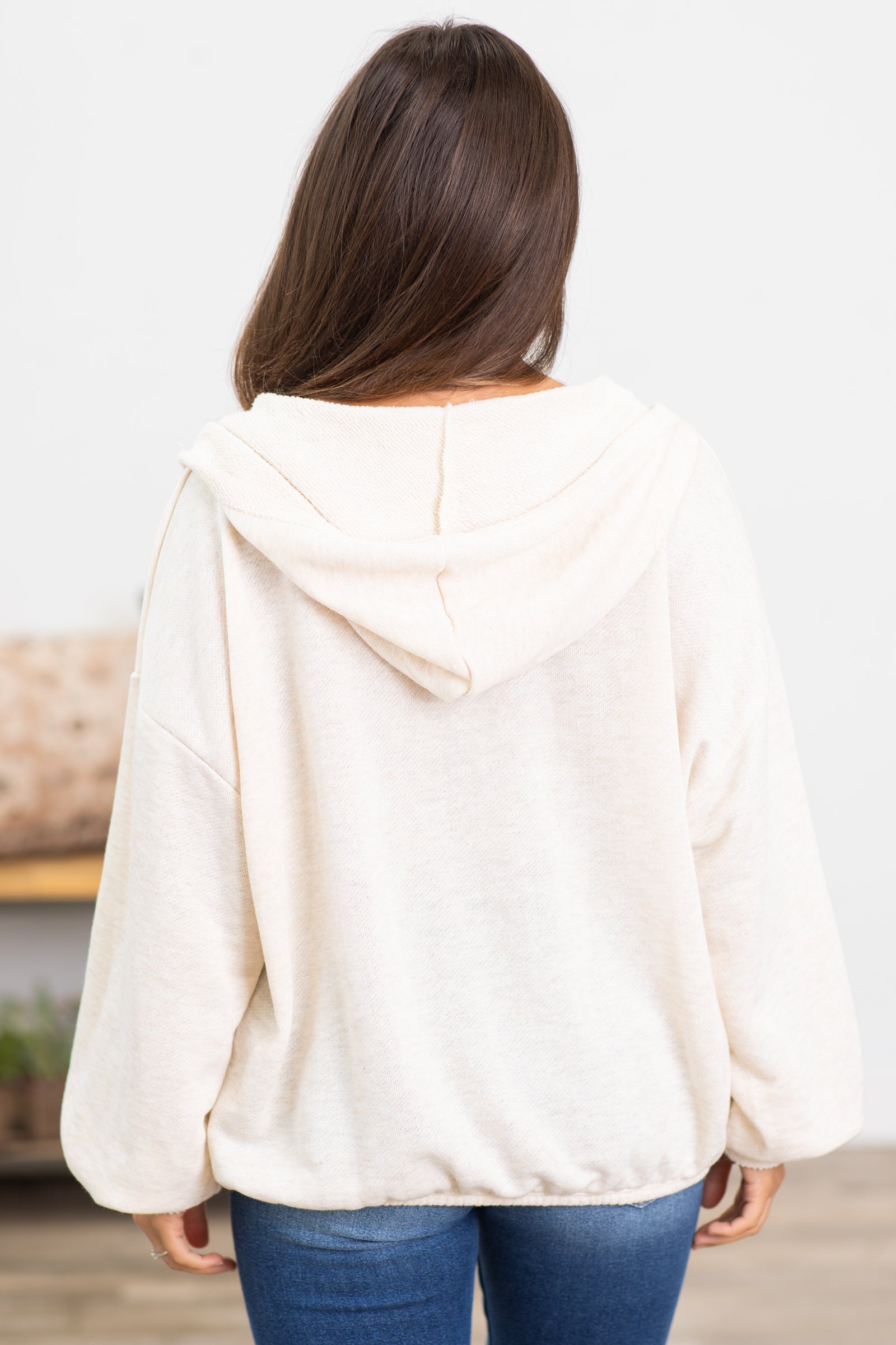 Beige 1/2 Zip Hooded French Terry Pullover